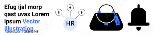 HR network with user icons, shopping bag with tags, and notification bell symbolizing recruitment, e-commerce, and alerts. Ideal for marketing, HR, business, online retail notifications analytics