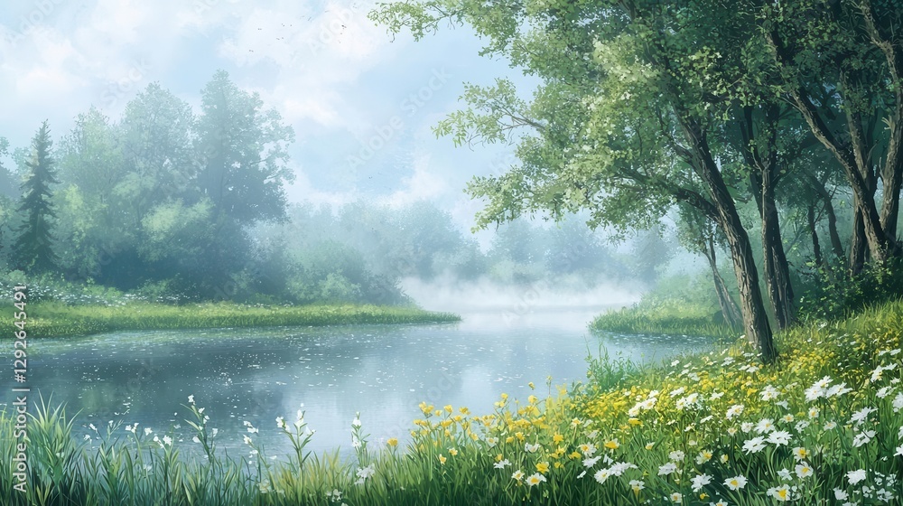 Fototapeta premium Serene River Landscape with Misty Morning and Blooming Meadows