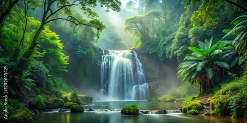 waterfall cascade through dense foliage in serene forest setting, serenity, misty veil,  serenity