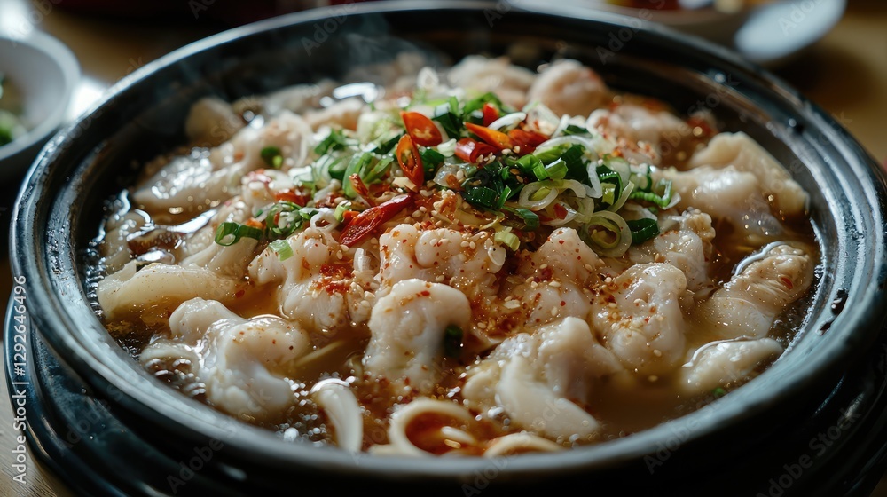 Steaming pot of Korean sujebi soup with toppings Steaming pot of Korean sujebi soup with toppings