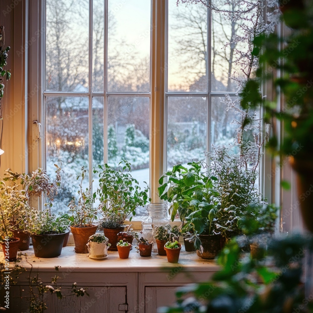 Winter garden view from a windowsill Winter garden view from a windowsill