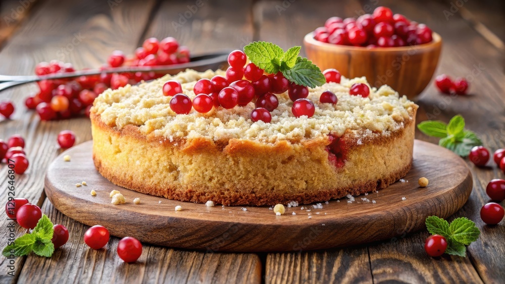 Moist Ribiselkuchen cake with a crumble topping made from oats and butter sits on a wooden table, surrounded by fresh red currants and a sprinkle of sugar, butter, sweet treat