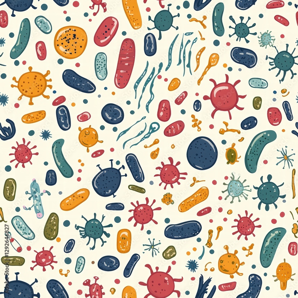 Detailed pattern of bacteria featuring unique shapes and textures captured in a scientific illustration