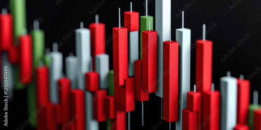 Candlestick chart representing stock market trends with red and green bars on a dark background. Candlestick chart representing stock market trends with red and green bars on a dark background.