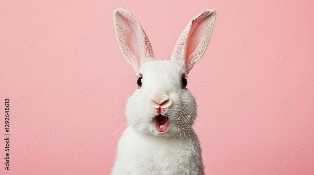 Obraz premium Cute White Rabbit with Open Mouth on Pink Background, Perfect for Spring and Easter Celebrations