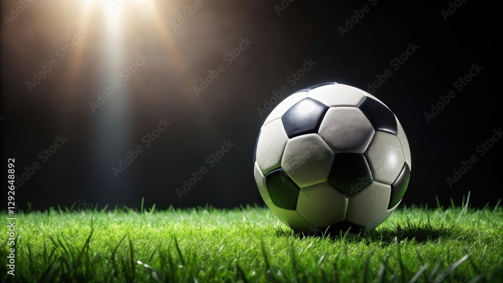 Fototapeta premium A soccer ball is placed on a black background with blurred green grass in the foreground creating a sense of depth and setting the scene for a football match , black background, soccer ball