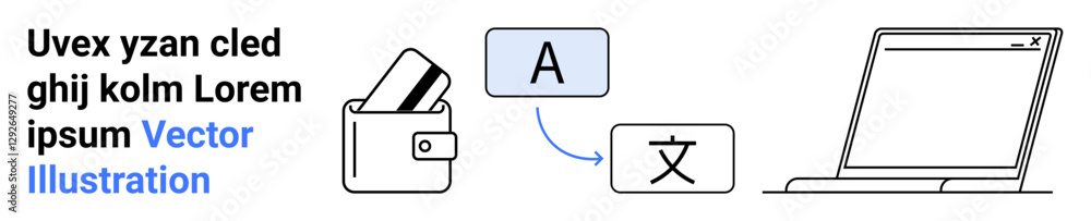 Wallet with cards next to text translation icons and a nearby laptop. Ideal for finance, online payment, e-commerce, language translation, education, digital communication, web development. Landing Wallet with cards next to text translation icons and a nearby laptop. Ideal for finance, online payment, e-commerce, language translation, education, digital communication, web development. Landing