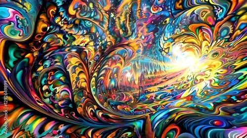 A surreal psychedelic landscape with a tunnel spiraling into a vortex, bursting with vibrant, hallucinogenic colors. Trippy, otherworldly visuals twist and morph in an endless, mind-bending flow.
