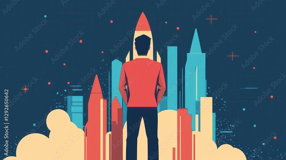 Man Standing Before Rocket and City Skyline Illustrating Ambition, Innovation, and Future Aspirations in Space Exploration Man Standing Before Rocket and City Skyline Illustrating Ambition, Innovation, and Future Aspirations in Space Exploration