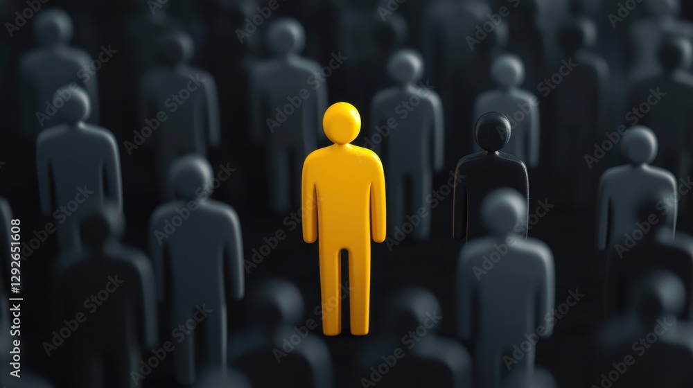 Unique Yellow Figure Among Black Silhouettes in a Crowd Symbolizing Individuality and Distinction Unique Yellow Figure Among Black Silhouettes in a Crowd Symbolizing Individuality and Distinction