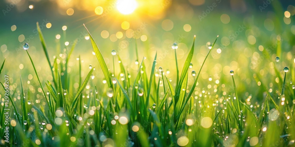 Fototapeta premium Softly falling morning dew on lush green grass in a serene meadow at sunrise, fresh spring green grass