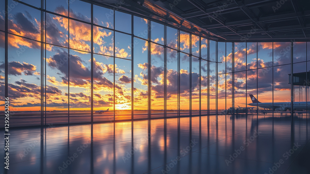 Airplane in an airport terminal at sunset Airplane in an airport terminal at sunset