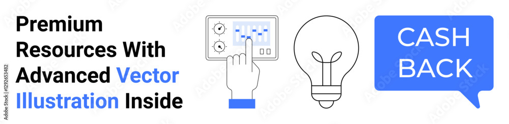 Touchscreen interface with hand icon, lightbulb for ideas, cashback dialog box. Ideal for technology, innovation, finance, e-commerce, digital marketing, UIUX design flat landing page banner Touchscreen interface with hand icon, lightbulb for ideas, cashback dialog box. Ideal for technology, innovation, finance, e-commerce, digital marketing, UIUX design flat landing page banner