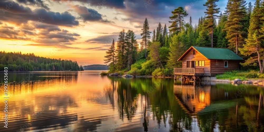 Fototapeta premium Cabin by lake in Algonquin Park at sunset, forest, wilderness, forest, wilderness, lake, Algonquin Park landscape, water