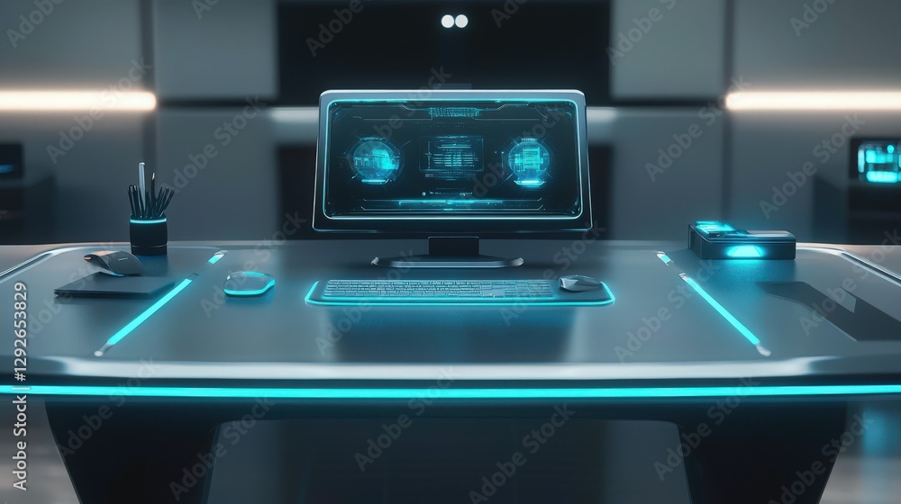 futuristic robot working at a sleek desk futuristic robot working at a sleek desk