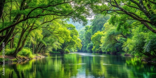 Dense foliage covered trees surrounded by a serene river flowing through a lush green forest landscape, greenery, calmness