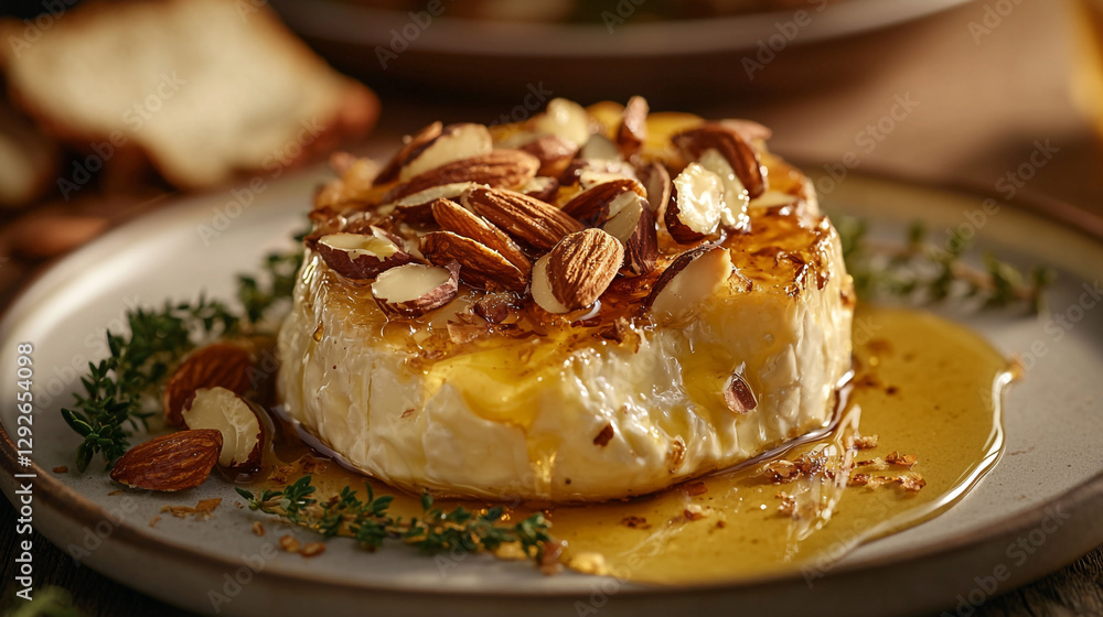 Baked camembert cheese with honey almonds and thyme garnish food warm cozy sweet plate brown white Baked camembert cheese with honey almonds and thyme garnish food warm cozy sweet plate brown white