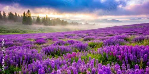 Dense clusters of vibrant purple wildflowers bloom in a vast field, shrouding the landscape in an otherworldly veil of color and mystery, verdant, enigmatic