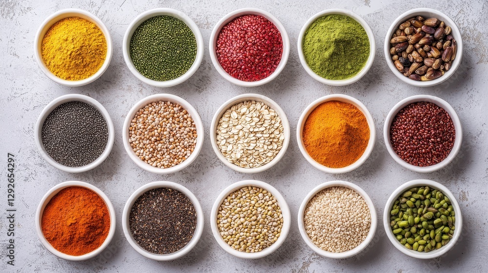 Colorful Variety of Spices, Seeds, and Grains in Bowls on a Light Background for Cooking and Baking Inspiration Colorful Variety of Spices, Seeds, and Grains in Bowls on a Light Background for Cooking and Baking Inspiration