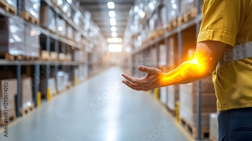 A photo of a glowing pulse effect on a warehouse worker s elbow indicating repetitive motion pain and the need for ergonomic improvements in the workplace to prevent worker injuries