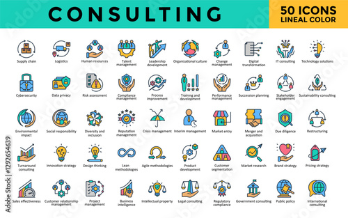 Consulting icons set with supply chain, logistics, human resources, talent management, leadership development, organizational culture, change management icon. Simple lineal color vector 
