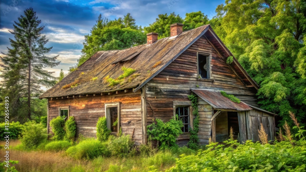Weathered old house with a dilapidated roof in need of renovation, surrounded by overgrown vegetation and trees , nature overgrowth, weathered wood Weathered old house with a dilapidated roof in need of renovation, surrounded by overgrown vegetation and trees , nature overgrowth, weathered wood