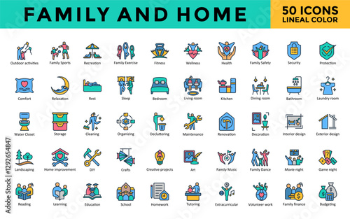 Family and Home icons set with outdoor activities, family sports, recreation, family exercise, fitness, wellness, health, family safety, security, protection icon. Simple lineal color vector 
