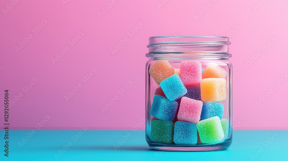 Colorful Candy Cubes in Glass Jar on Pink and Blue Background for Sweet Treat Lovers and Dessert Enthusiasts Colorful Candy Cubes in Glass Jar on Pink and Blue Background for Sweet Treat Lovers and Dessert Enthusiasts