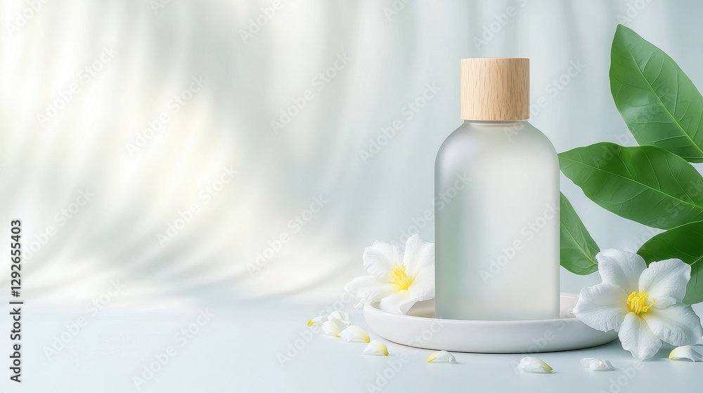 Blank frosted glass bottle with wooden cap on white ceramic tray, minimal skincare or perfume packaging with floral and natural elements Blank frosted glass bottle with wooden cap on white ceramic tray, minimal skincare or perfume packaging with floral and natural elements