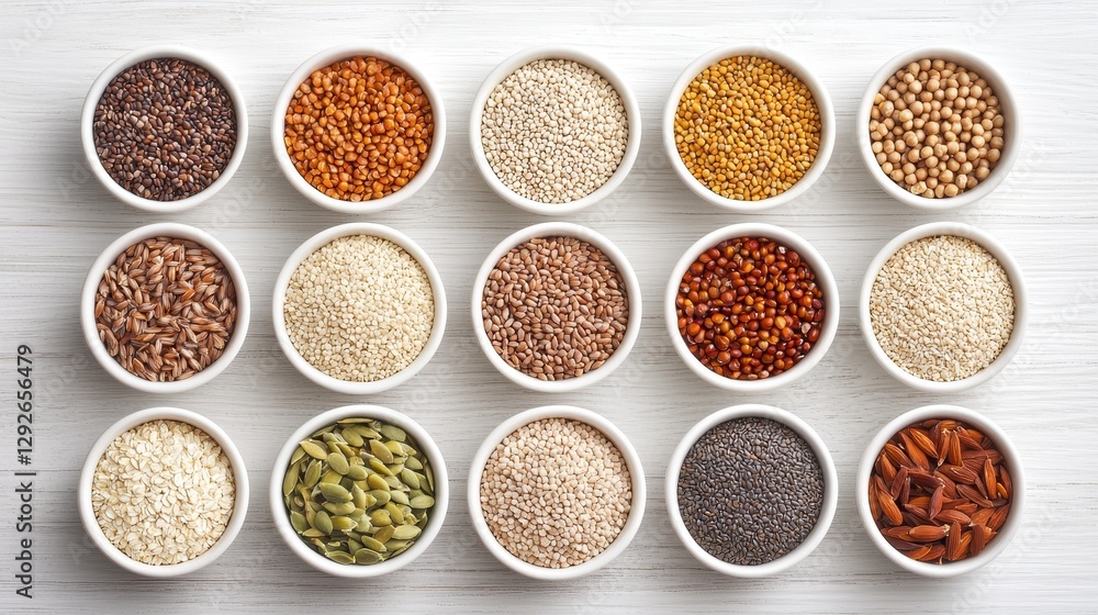 Assortment of Various Spices and Seeds in Round White Bowls on a Light Wooden Background Assortment of Various Spices and Seeds in Round White Bowls on a Light Wooden Background