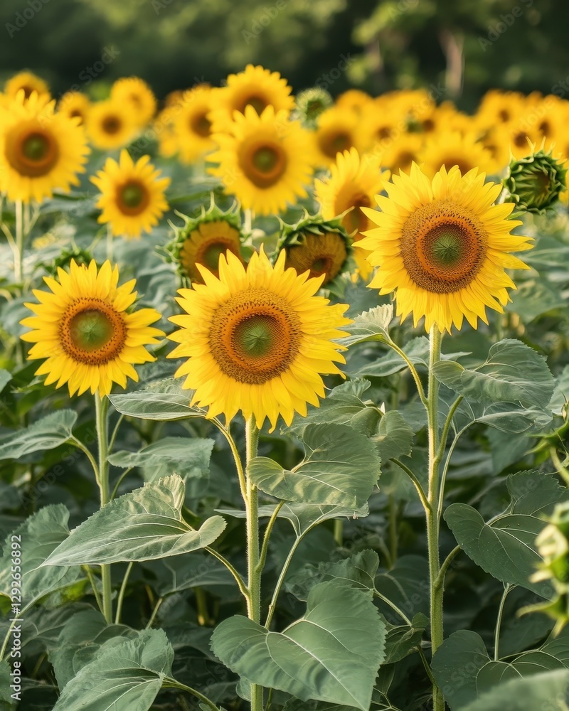 Fototapeta premium A field of sunflowers facing a vibrant midday sun