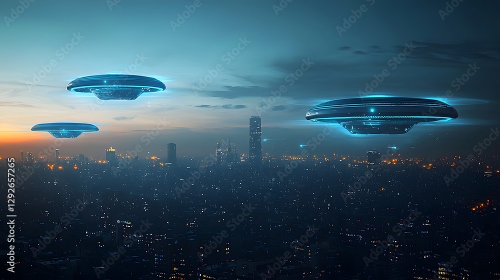 A speculative conceptual image depicting a futuristic alien defense system with floating energy orbs projecting shimmering force fields over a high tech illuminated cityscape at dusk A speculative conceptual image depicting a futuristic alien defense system with floating energy orbs projecting shimmering force fields over a high tech illuminated cityscape at dusk