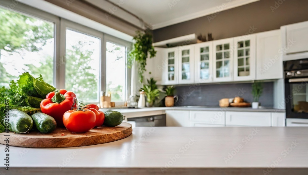 White Kitchen Table with Blurred Background of a Modern Kitchen – Perfect for Showcasing Products or Food White Kitchen Table with Blurred Background of a Modern Kitchen – Perfect for Showcasing Products or Food