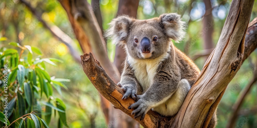 A koala sitting in the crook of a branch in an eucalyptus tree, with its fur fluffed up and a watchful gaze, perched high above the forest floor , nature, wildlife A koala sitting in the crook of a branch in an eucalyptus tree, with its fur fluffed up and a watchful gaze, perched high above the forest floor , nature, wildlife