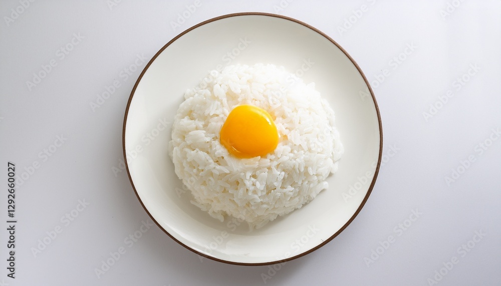 Steamed White Rice with Eggs: Top-View Thai Jasmine Rice on a White Plate Steamed White Rice with Eggs: Top-View Thai Jasmine Rice on a White Plate