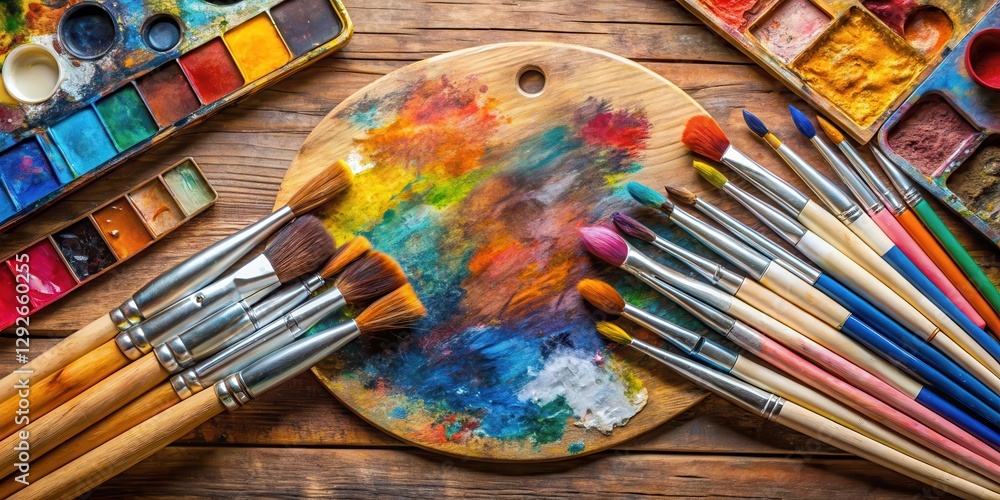 Fototapeta premium Farbpalette mit vielen Pinseln, artistic equipment, creative workspace