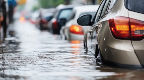 A flooded urban street with cars partially submerged in water
