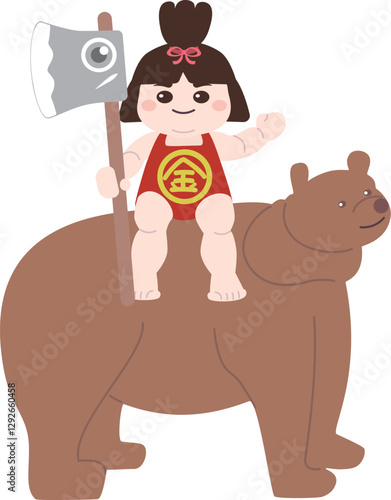 熊に乗るぷくぷく太って健康そうな金太郎の主線なしイラスト