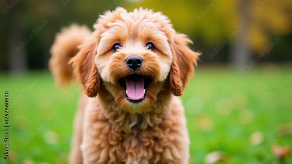 A happy double doodle dog with curly fur standing on a green lawn. A happy double doodle dog with curly fur standing on a green lawn.