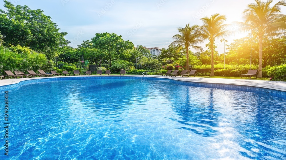 Fototapeta premium Tranquil Poolside Oasis With Lush Greenery and Palm Trees