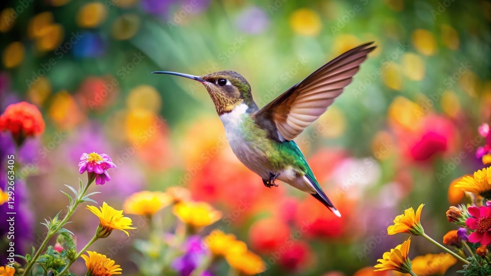 Fototapeta premium hummingbird in mid-air among colorful flowers, surrounded by lush greenery and vibrant blooms, nature reserve