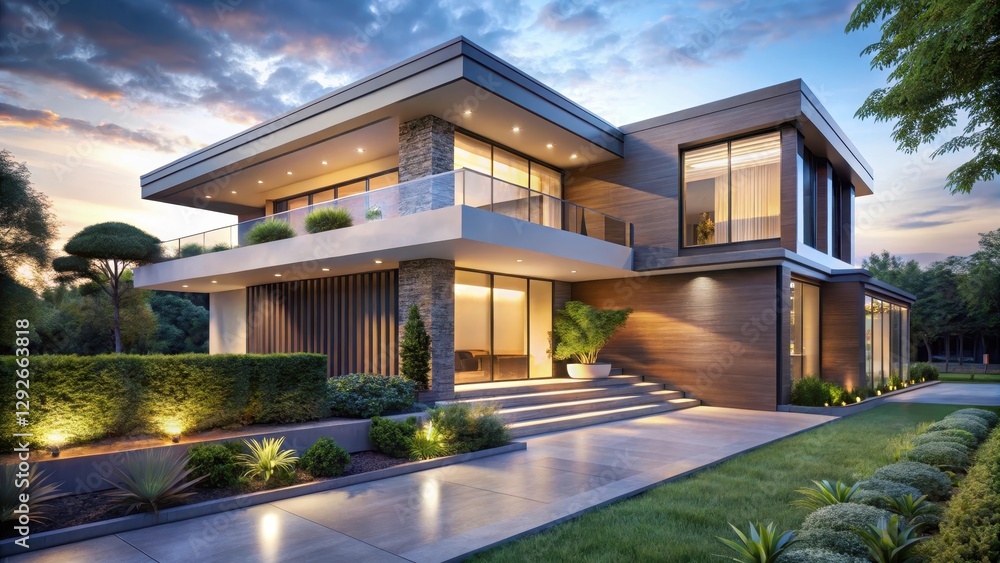 Fototapeta premium Modern mansion with sleek lines and clean facade surrounded by lush greenery and ornamental trees illuminated by soft twilight lighting , elegant landscaping, modern architecture