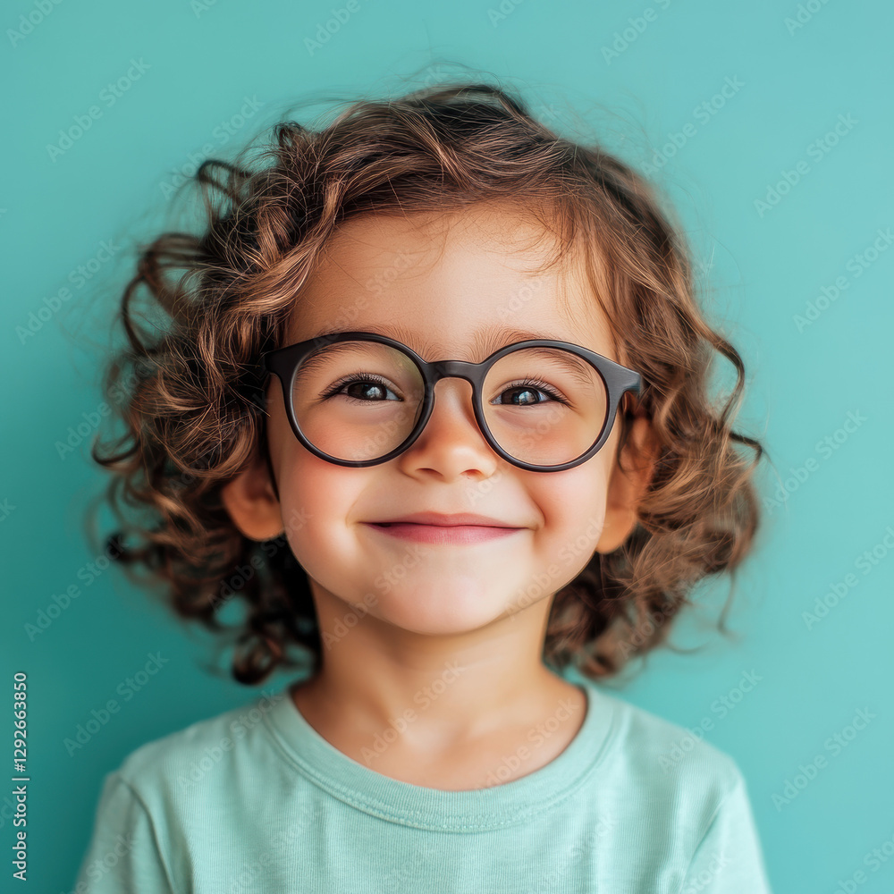 Obraz premium Joyful child with glasses indoor setting portrait photography bright background close-up childhood wonder
