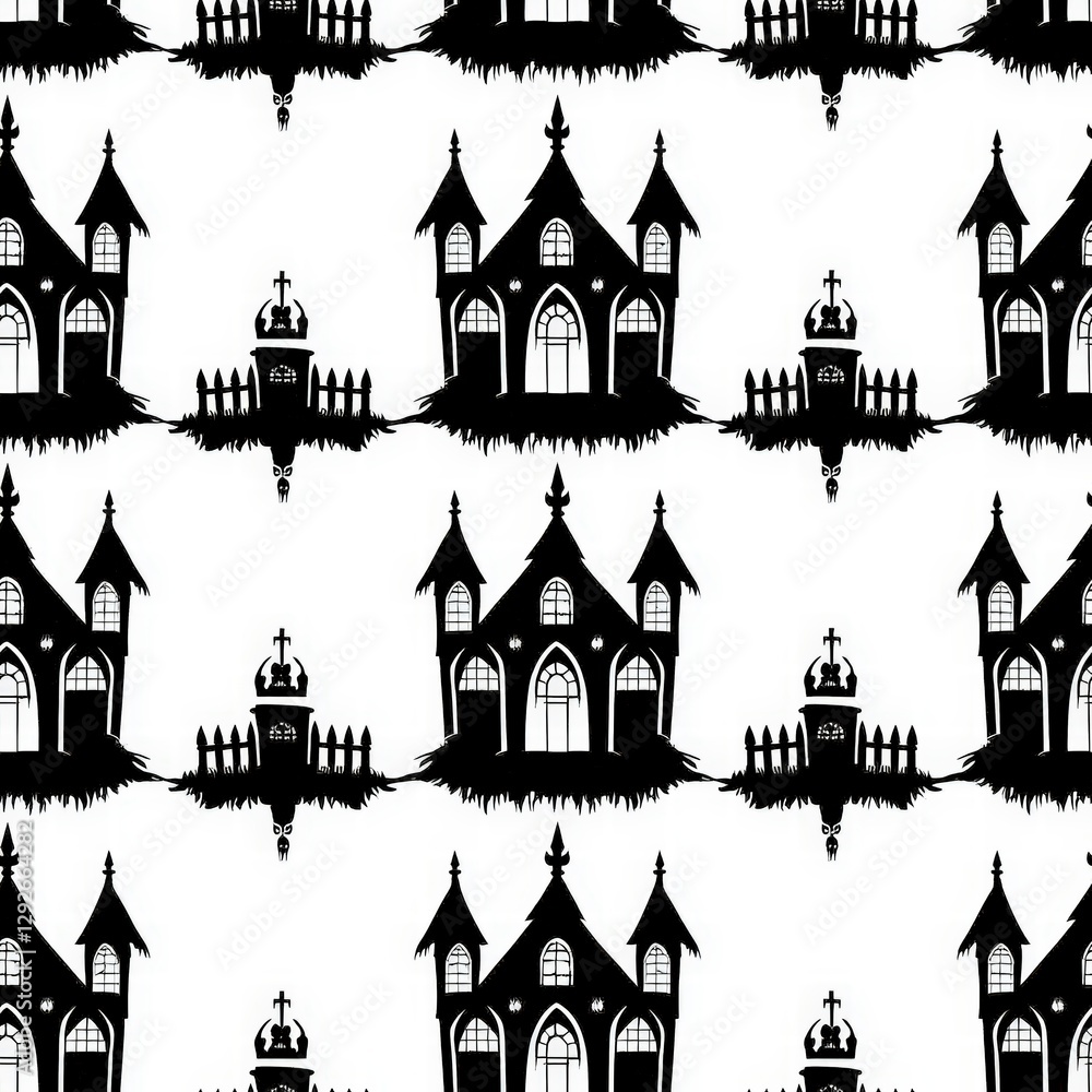 Obraz premium Striking black and white pattern featuring a historic church surrounded by intricate designs