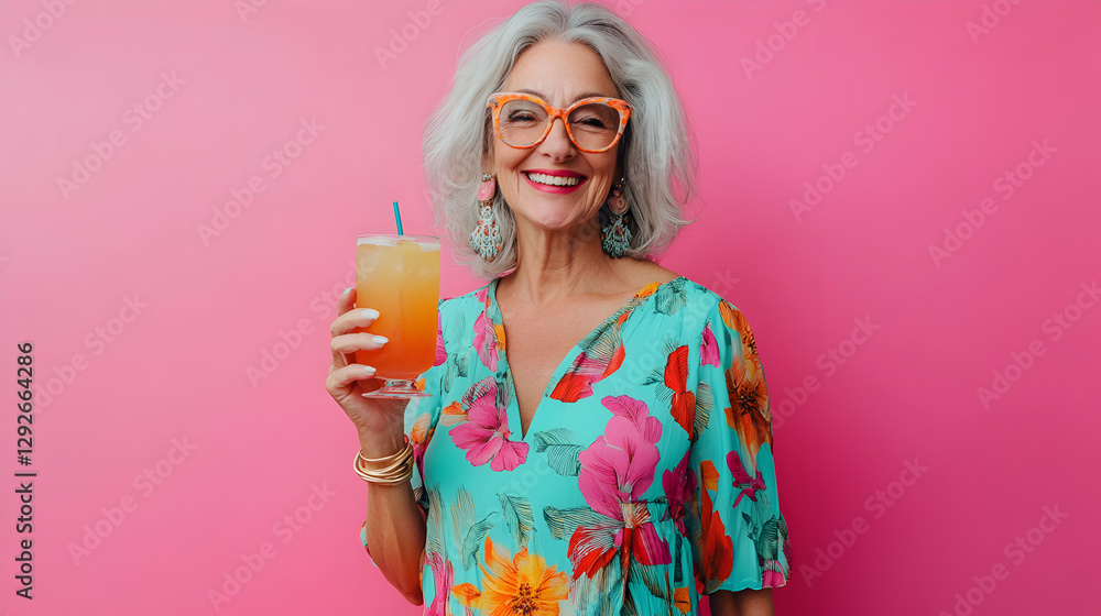 Cheerful mature woman enjoying refreshing cocktail against vibrant pink backdrop, smiling brightly Cheerful mature woman enjoying refreshing cocktail against vibrant pink backdrop, smiling brightly