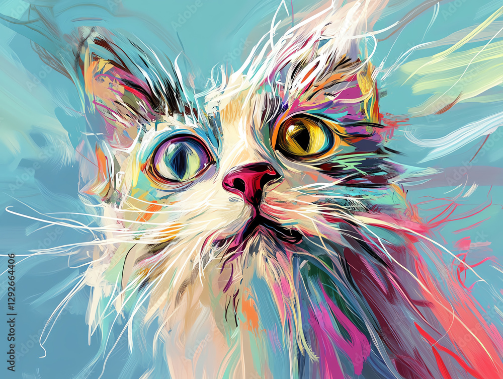 Fototapeta A vibrant, colorful portrait of a cat with expressive eyes and dynamic brush strokes.
