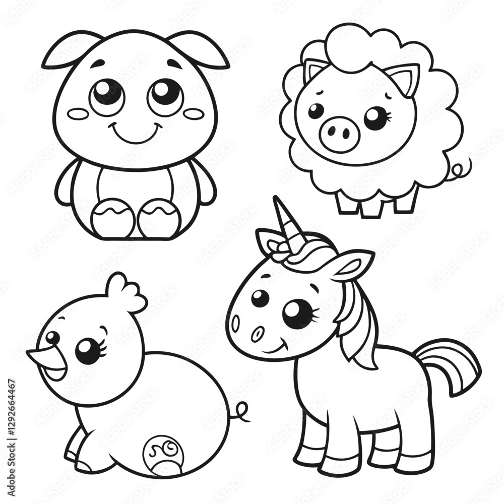 Obraz premium Playful Cartoon Animal Line Art for Coloring Pig, Chick, Sheep, Unicorn, and Calf