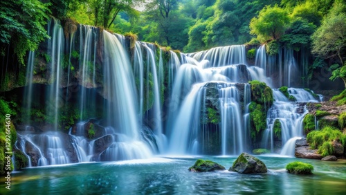 Waterfall cascade falls downwards freely, natural scenery, falling water