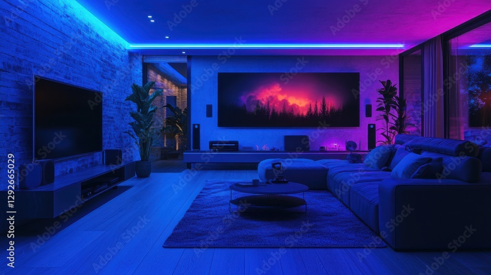 Modern Living Room with Blue and Purple LED Lighting and Cityscape Artwork Modern Living Room with Blue and Purple LED Lighting and Cityscape Artwork