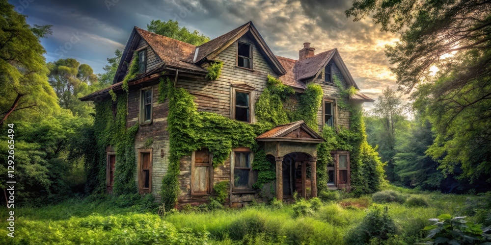Fototapeta premium Creepy old abandoned house with broken windows and overgrown yard surrounded by dense foliage , broken windows